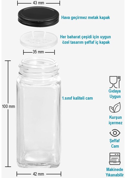24'lü Siyah Pleksi Baharatlık Seti, 120 ml, Beyaz Etiket ve Huni ile şık tasarım