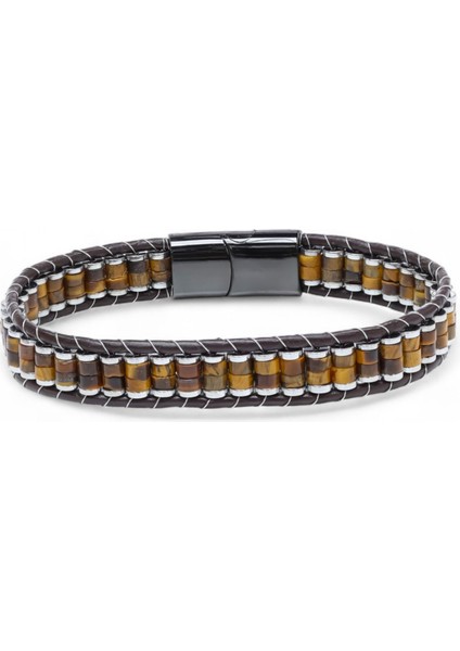 Kaplan Gözü & Hematit Çelik Örgülü Deri Bileklik