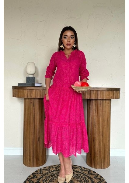 Fuşya Dantelli New Elbise