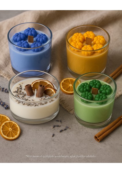 El Yapımı Soya Wax Mum Seti - Lavanta ve Gül Kokulu 4’lü Doğal Mum Seti - Bal Kabağı Desenli ve Baharat Süslemeli Cam Kavanozlar