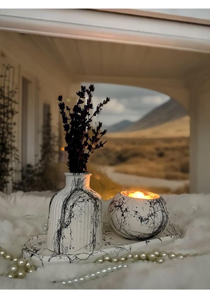 Mermer Desenli Vazo & Mumluk Set