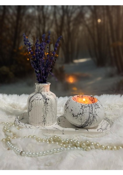 Mermer Desenli Vazo & Mumluk Set