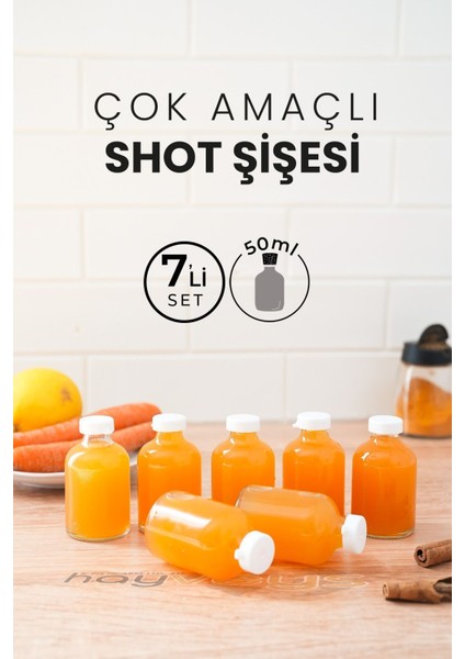 7'li 50ml şeffaf cam şişe, mini kapaklı, koku ve süs için ideal, 5000+ adet