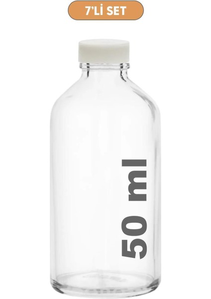 7'li 50ml şeffaf cam şişe, mini kapaklı, koku ve süs için ideal, 5000+ adet