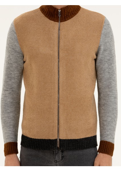 Erkek Kahverengi Regular Fit Tam Fermuarlı Triko Kazak 50277074-VR015