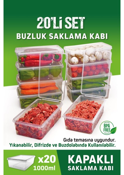 1 Lt. Beyaz Plastik Buzluk Saklama Kutusu Seti, 19-25 Parça, Şeffaf, Kendinden Kapanabilir