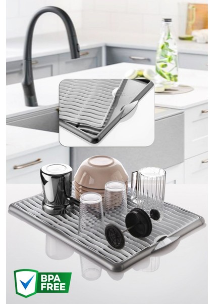 Gri Plastik Lavabo Üstü Bulaşık Kurutmalık Seti 35x45