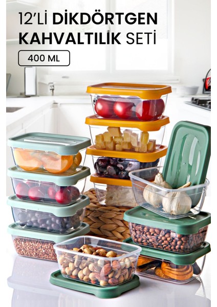 12'li Renkli Dikdörtgen Saklama Kabı 400 ML, Kahvaltılık Seti, Çok Renkli, 11-15 Parça