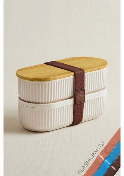 4'lü 500ml Vakumlu Bambu Kapaklı Saklama Kabı, Ekru, Çizgili, Günlük kullanıma uygun