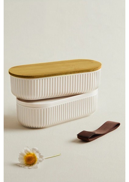 4'lü 500ml Vakumlu Bambu Kapaklı Saklama Kabı, Ekru, Çizgili, Günlük kullanıma uygun indirimleri