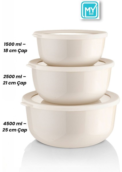 3'lü Saklama Kabı Seti, Mikrodalga ve Derin Dondurucu uyumlu, 1500-4500 ml Bej