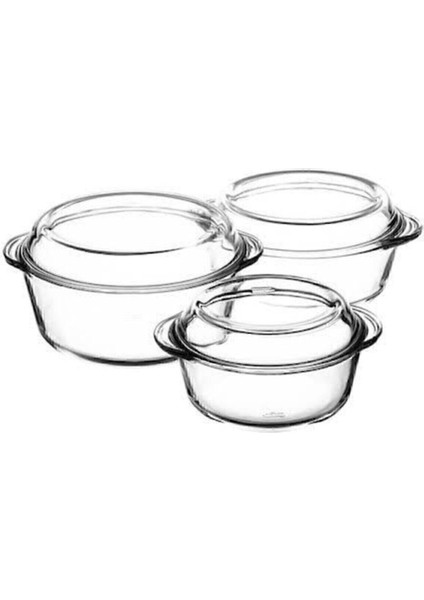 Şeffaf Cam Tencere Seti 3'lü Kapaklı, Dayıklı ve Şık Yuvarlak Tasarım, 6 Parça, Kahverengi