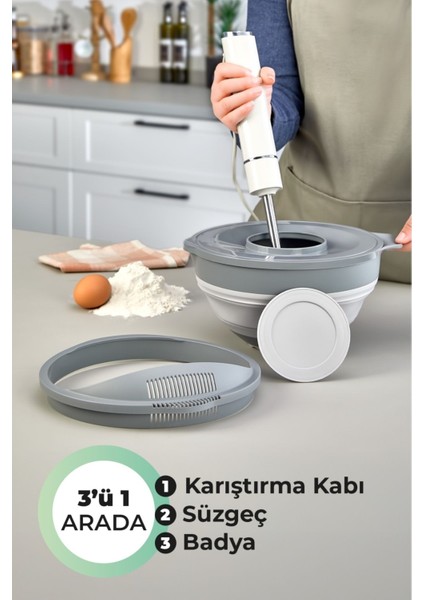 Katlanabilir Mikser Seti, Kab, Süzgeç ve Badya, 4 Parça Mutfak Seti, Gri