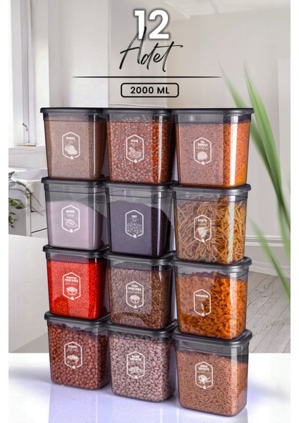 12'li 2000ml Dikdörtgen Saklama Kabı Seti, Kapaklı, Antrasit Şeffaf, Çoklu Parça
