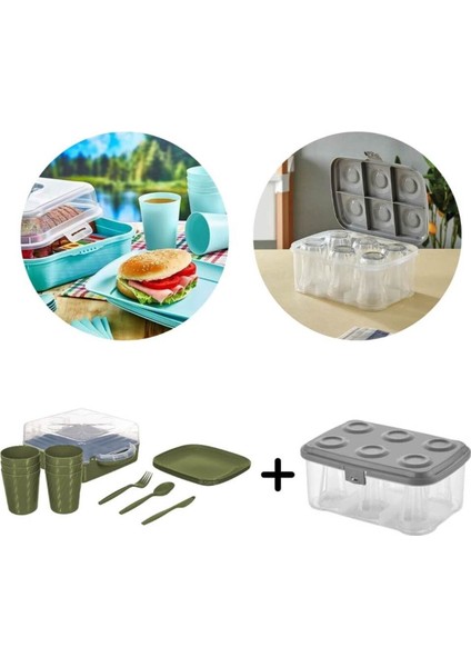 6 Kişilik Kamp Piknik Seti, 3 Parça, Yeşil, Plastik, Turuncu, Şeffaf Bardaklar