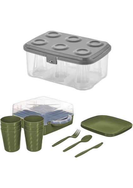 6 Kişilik Kamp Piknik Seti, 3 Parça, Yeşil, Plastik, Turuncu, Şeffaf Bardaklar fırsatları