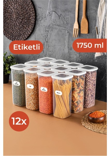 12'li büyük boy beyaz saklama kabı seti, etiketli, kare, pratik ve şık tasarım
