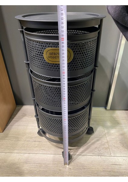 3 Katlı Siyah Tekerlekli Sebze Meyve Sepeti, Yana Açılır, Şık ve Pratik Tasarım