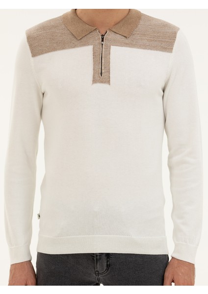 Erkek Ekru Slim Fit Fermuarlı Polo Yaka Triko Kazak 50272658-VR019