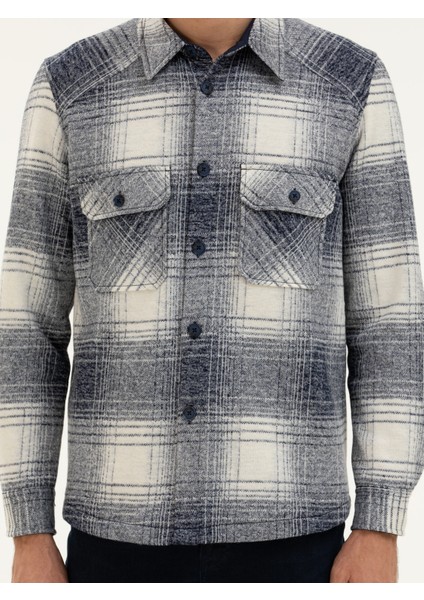 Erkek Lacivert Yün Karışımlı Ekose Overshirt Gömlek 50277998-VR033