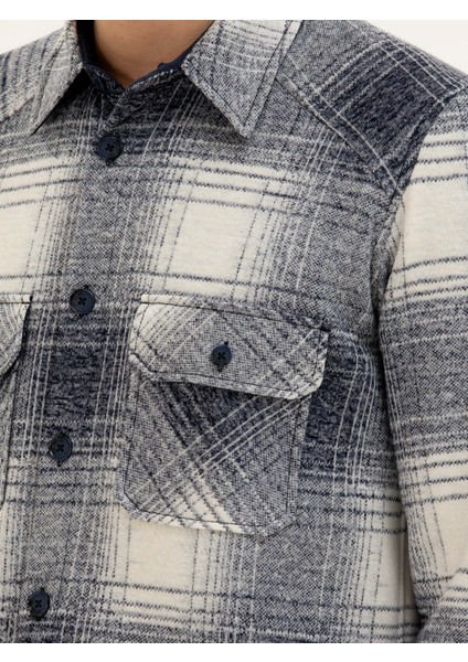 Erkek Lacivert Yün Karışımlı Ekose Overshirt Gömlek 50277998-VR033