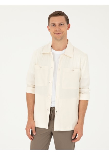 Erkek Ekru Regular Fit Keten Karışımlı Cepli Ceket Gömlek 50285343-VR019