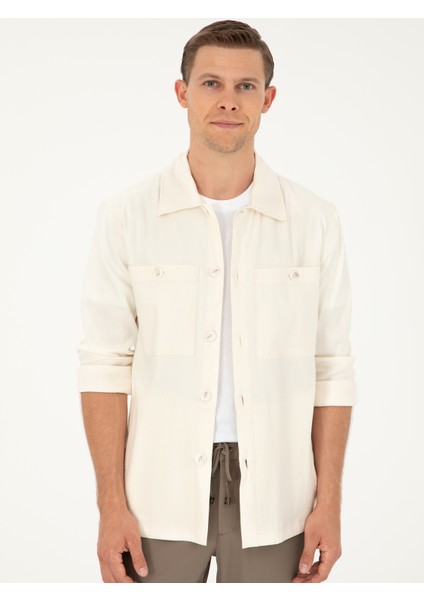 Erkek Ekru Regular Fit Keten Karışımlı Cepli Ceket Gömlek 50285343-VR019