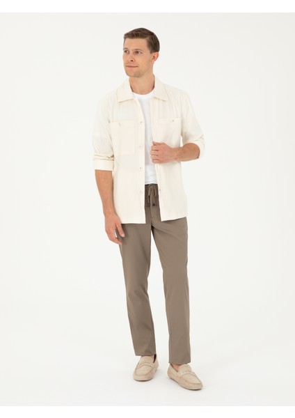 Erkek Ekru Regular Fit Keten Karışımlı Cepli Ceket Gömlek 50285343-VR019