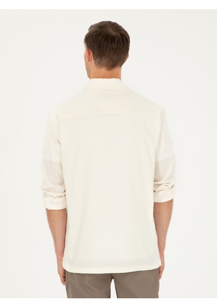 Erkek Ekru Regular Fit Keten Karışımlı Cepli Ceket Gömlek 50285343-VR019