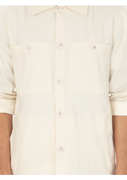 Erkek Ekru Regular Fit Keten Karışımlı Cepli Ceket Gömlek 50285343-VR019