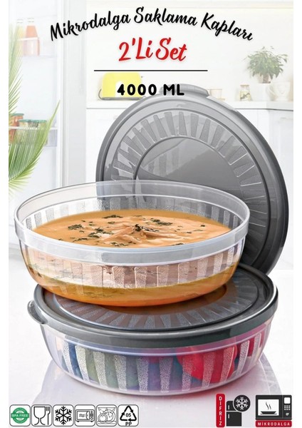 Kapaklı Yuvarlak Saklama Kabı Seti, 2'li, Gri, Plastik, Pratik ve şık kullanım