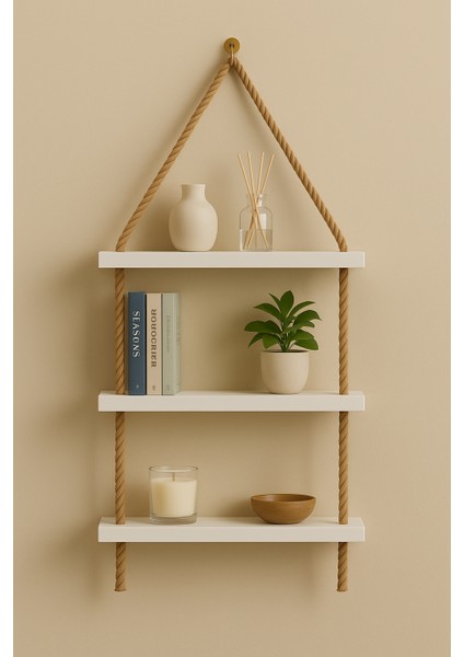 3 Katlı Hasır Ipli Uçan Raf Seti - Beyaz Mdf 45X15 cm | Dekoratif Askılı Raf