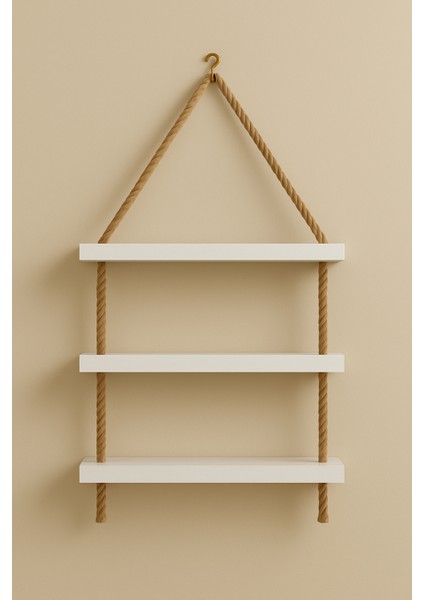 3 Katlı Hasır Ipli Uçan Raf Seti - Beyaz Mdf 45X15 cm | Dekoratif Askılı Raf modelleri