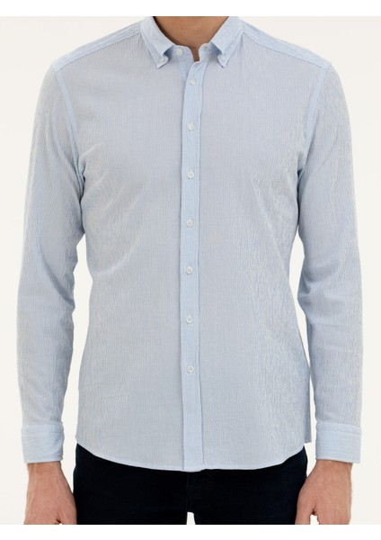 Erkek Mavi Slim fit Pamuk Karışımlı Çizgili Gömlek 50284424-VR036