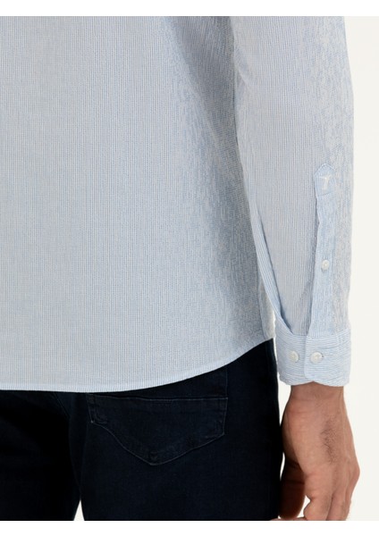 Erkek Mavi Slim fit Pamuk Karışımlı Çizgili Gömlek 50284424-VR036
