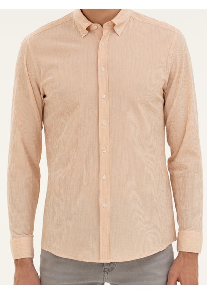 Erkek Turuncu Slim Fit Pamuk Karışımlı Çizgili Gömlek 50284424-VR051