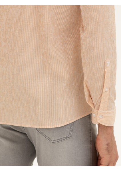 Erkek Turuncu Slim Fit Pamuk Karışımlı Çizgili Gömlek 50284424-VR051
