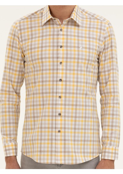 Erkek Sarı Slim Fit Pamuk Ekose Gömlek 50284422-VR044