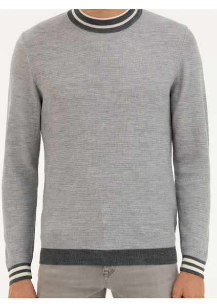 Erkek Açık Gri Slim Fit Bisiklet Yaka Triko Kazak 50271634-VR001