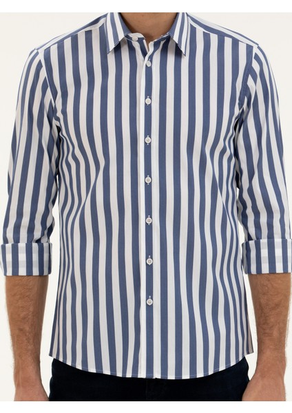 Erkek Lacivert Slim Fit Pamuk Karışımlı Çizgili Gömlek 50285448-VR033