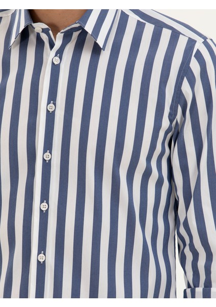 Erkek Lacivert Slim Fit Pamuk Karışımlı Çizgili Gömlek 50285448-VR033