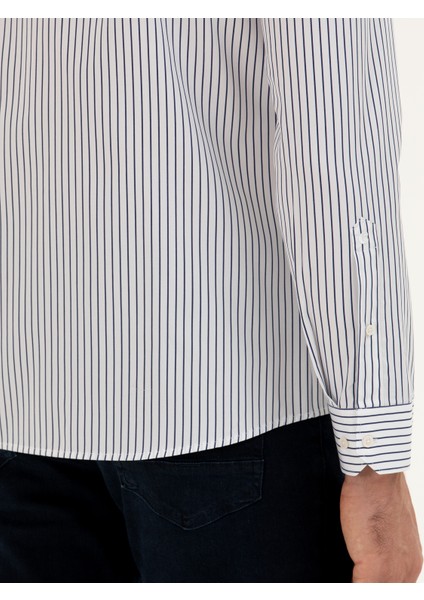 Erkek Lacivert Slim Fit Pamuk Çizgili Gömlek 50288628-VR033
