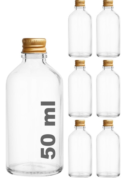50 ml Şeffaf Cam Şişe Seti, Gold Kapak, Koku ve Kolonya, 6'lı Paket
