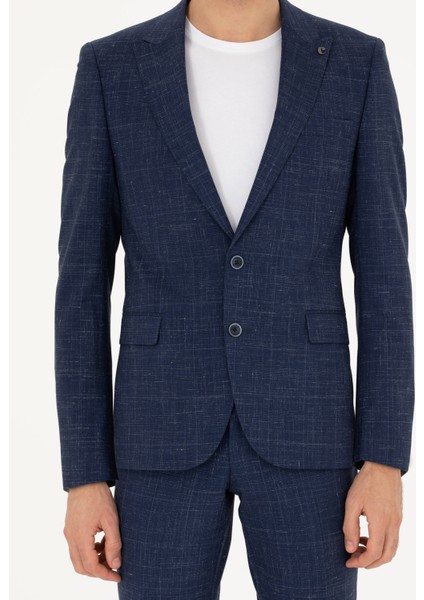 Erkek Lacivert Slim Fit Yün Keten Karışımlı Takım Elbise 50284845-VR033