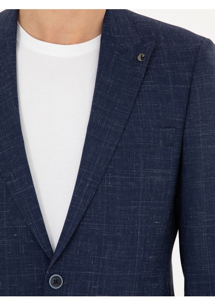 Erkek Lacivert Slim Fit Yün Keten Karışımlı Takım Elbise 50284845-VR033