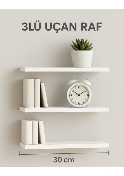 3'lü Uçan Raf Seti – Beyaz Mdf | Duvara Monte | Gizli Bağlantılı | Dekoratif Raf (30X13 Cm)