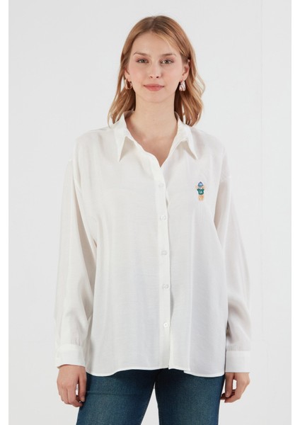 Ayıcık Nakışlı Uzun Kollu Oversize Modal Gömlek