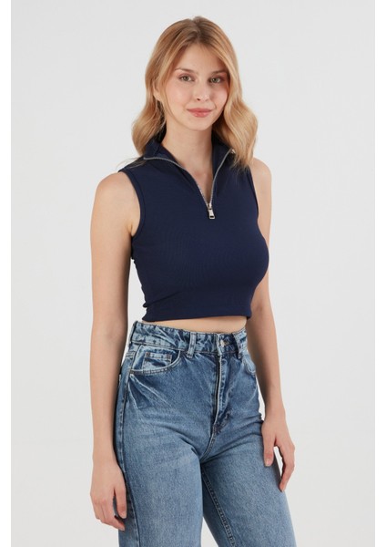 Fitilli Yarım Fermuarlı Kolsuz Bluz