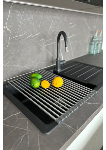 Katlanabilir lavabo üstü mutfak rafı, şık ve pratik gri tasarım, 32x58 cm