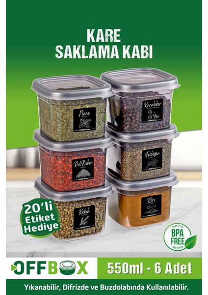 6'lı 12 Parça Kare Saklama ve Baharatlık Seti, 20 Etiket, Gri, Plastik